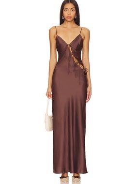 Lioness Brown Satin Lace-Up Slip Dress Size L